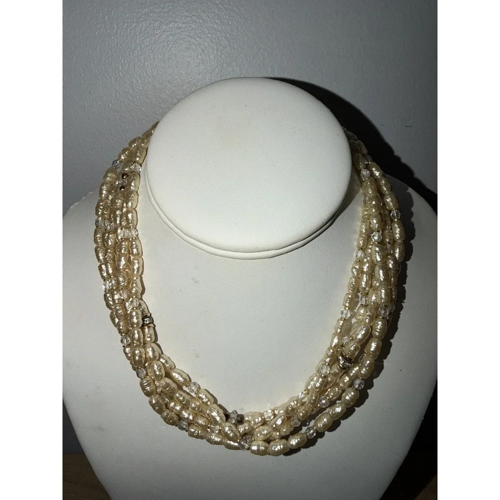 Vintage 6 Strand Pearl Pendant Necklace Gold Tone Clasp Rhinestones 17